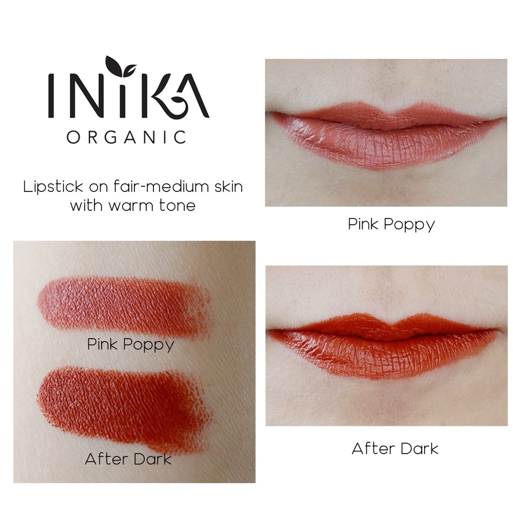 Inika Lipstick pink poppy and after dark swatches