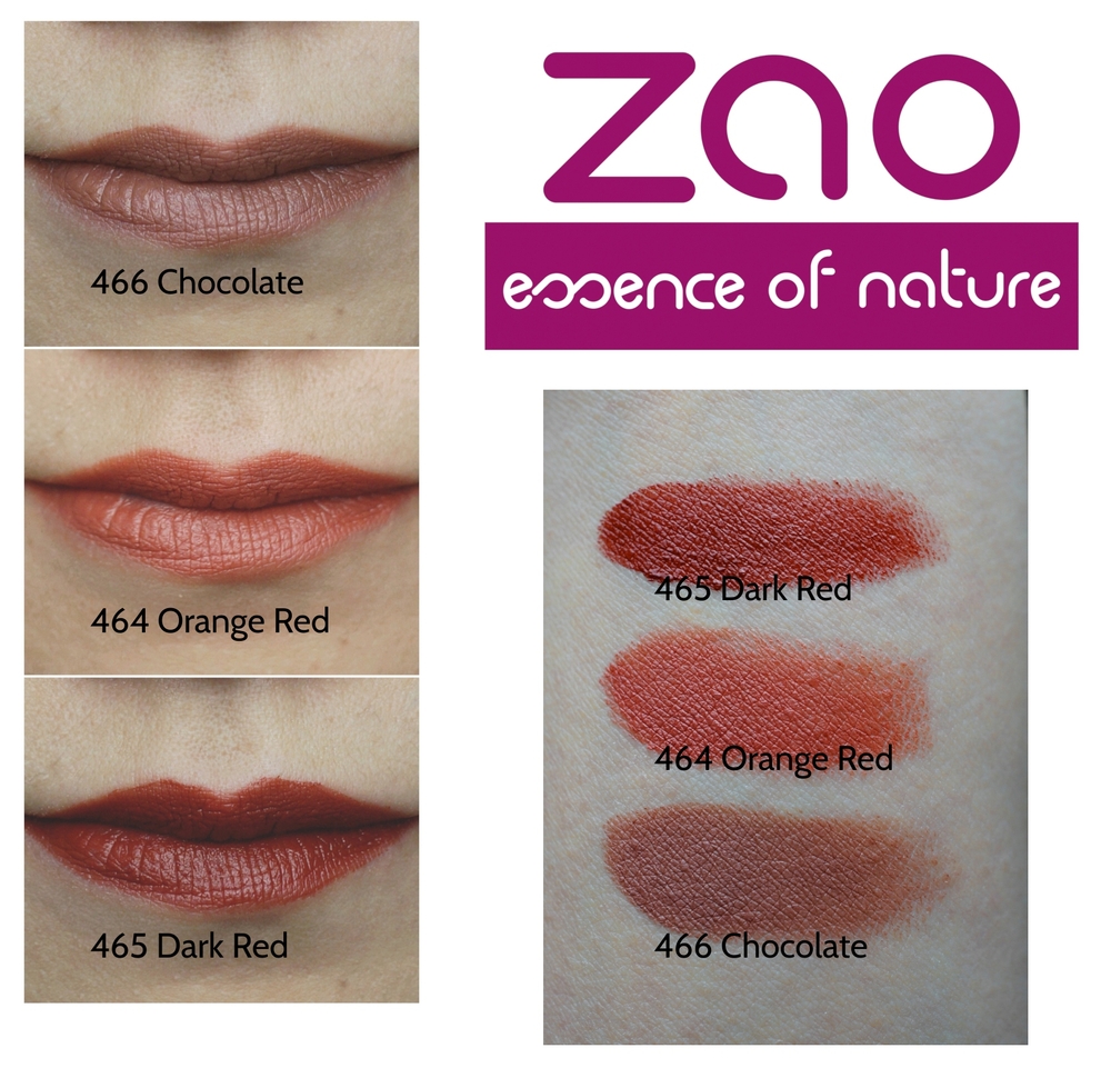 Zao Lipstick Chocolate, Dark Red, Orange Red Swatches